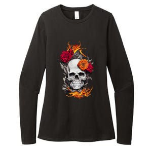 Flaming Skull And Roses Womens CVC Long Sleeve Shirt