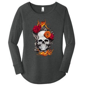 Flaming Skull And Roses Women's Perfect Tri Tunic Long Sleeve Shirt