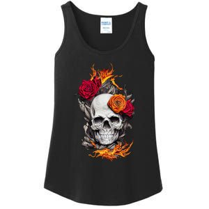 Flaming Skull And Roses Ladies Essential Tank