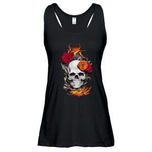 Flaming Skull And Roses Ladies Essential Flowy Tank