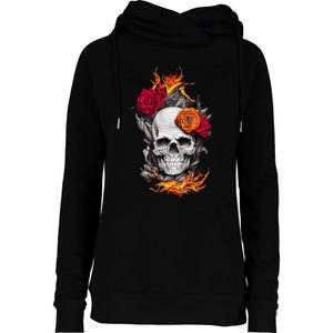 Flaming Skull And Roses Womens Funnel Neck Pullover Hood