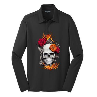 Flaming Skull And Roses Silk Touch Performance Long Sleeve Polo