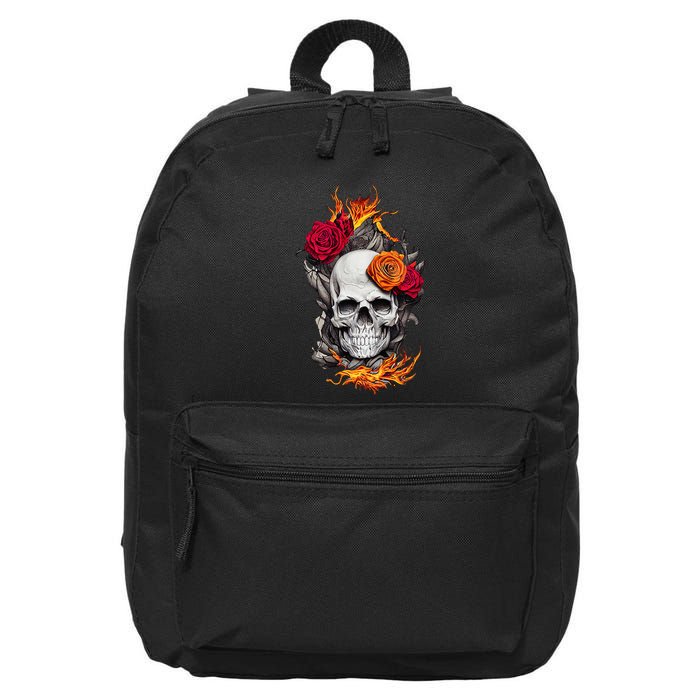 Flaming Skull And Roses 16 in Basic Backpack