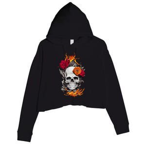 Flaming Skull And Roses Crop Fleece Hoodie