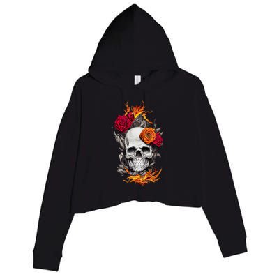 Flaming Skull And Roses Crop Fleece Hoodie