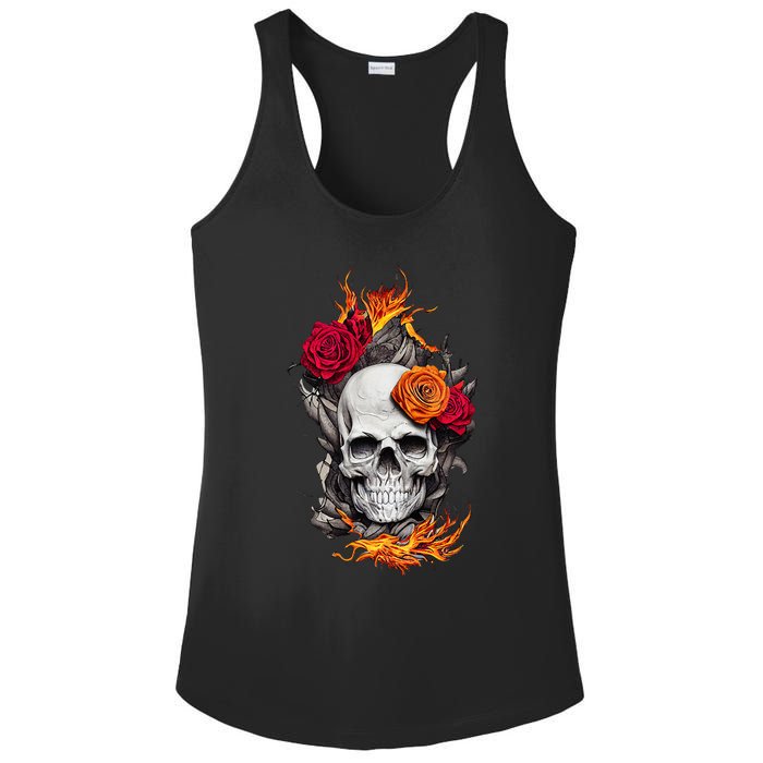 Flaming Skull And Roses Ladies PosiCharge Competitor Racerback Tank