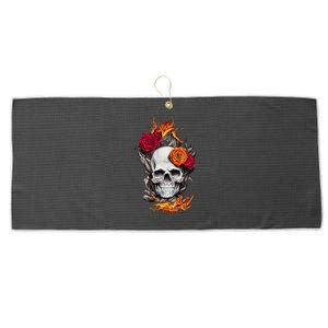 Flaming Skull And Roses Large Microfiber Waffle Golf Towel