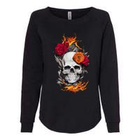 Flaming Skull And Roses Womens California Wash Sweatshirt