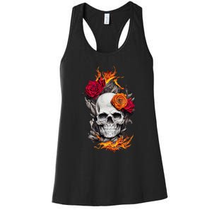 Flaming Skull And Roses Women's Racerback Tank