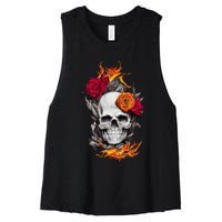 Flaming Skull And Roses Women's Racerback Cropped Tank