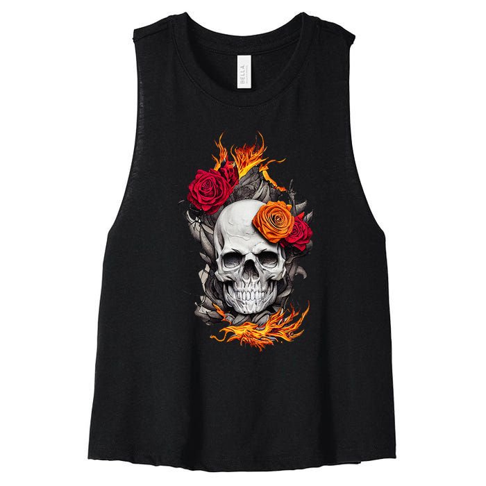 Flaming Skull And Roses Women's Racerback Cropped Tank