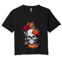 Flaming Skull And Roses Women's Crop Top Tee