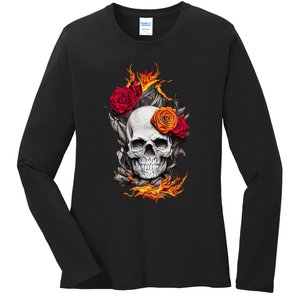 Flaming Skull And Roses Ladies Long Sleeve Shirt