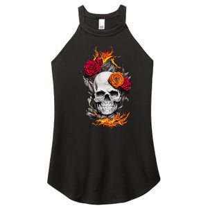 Flaming Skull And Roses Women's Perfect Tri Rocker Tank