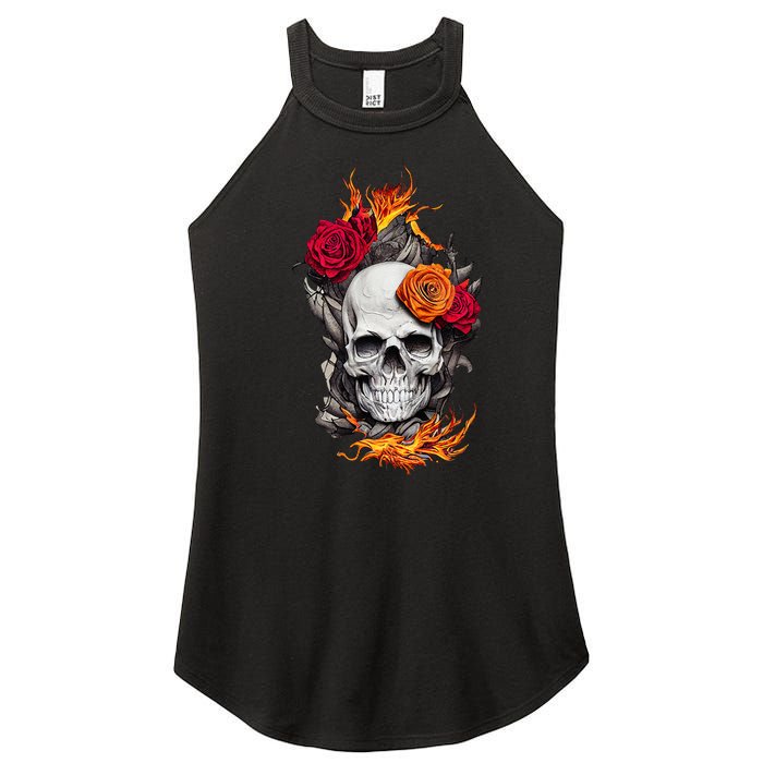 Flaming Skull And Roses Women's Perfect Tri Rocker Tank