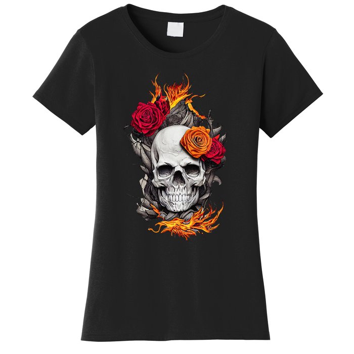 Flaming Skull And Roses Women's T-Shirt