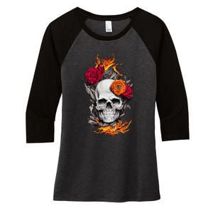 Flaming Skull And Roses Women's Tri-Blend 3/4-Sleeve Raglan Shirt