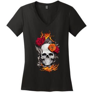 Flaming Skull And Roses Women's V-Neck T-Shirt