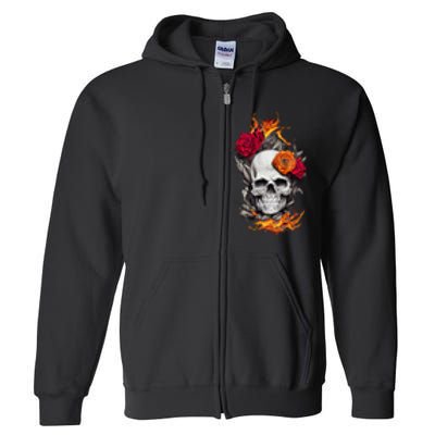 Flaming Skull And Roses Full Zip Hoodie