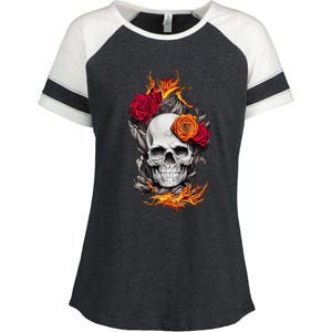 Flaming Skull And Roses Enza Ladies Jersey Colorblock Tee