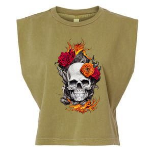 Flaming Skull And Roses Garment-Dyed Women's Muscle Tee