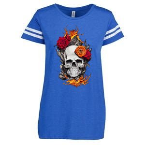 Flaming Skull And Roses Enza Ladies Jersey Football T-Shirt