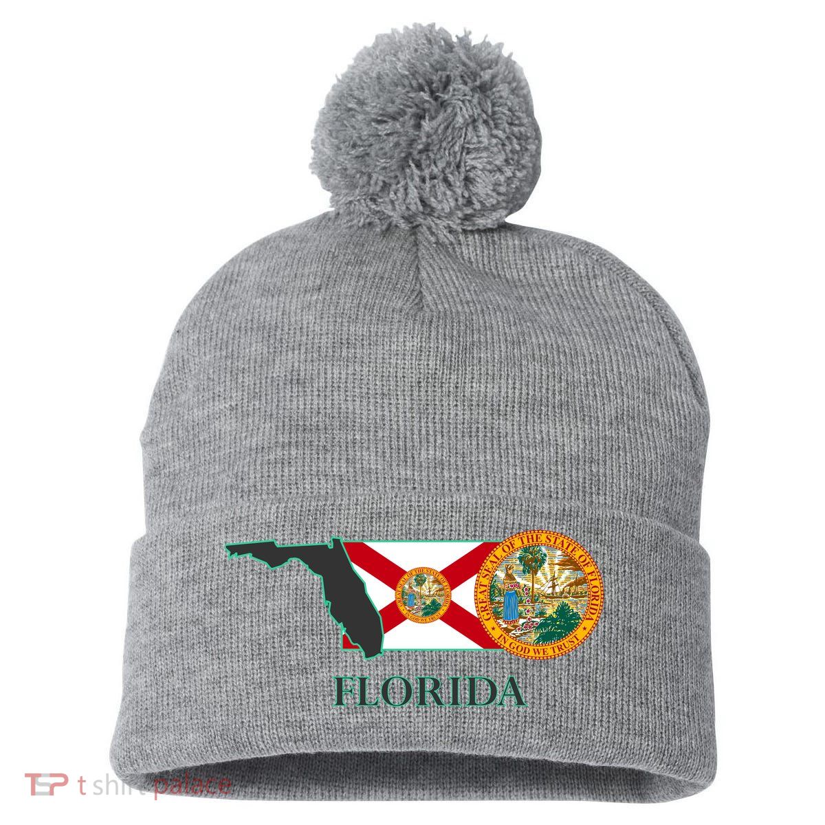 Florida Seal And Flag Pom Pom 12in Knit Beanie