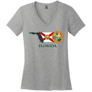 Florida Seal And Flag Women's V-Neck T-Shirt