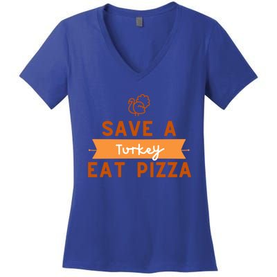 Funny Save A Turkey Eat Pizza Thanksgiving Adult Vegan Gift Women's V-Neck T-Shirt