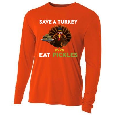 Funny Save A Turkey Eat Pickles Funny Thanksgiving Cooling Performance Long Sleeve Crew