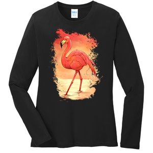 Flamingo Sunset Art Ladies Long Sleeve Shirt