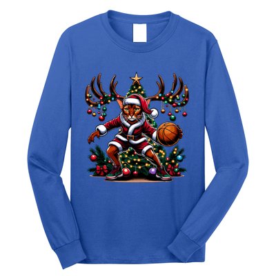 Funny Santa Abyssinian Cat Play Basketball Christmas Funny Gift Long Sleeve Shirt