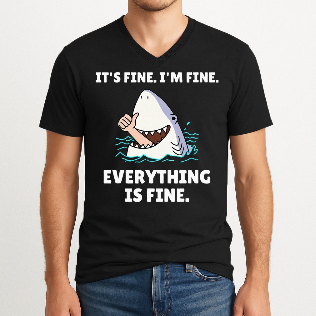 Funny Shark Attack It’s Fine I’m Fine Everything Is Fine V-Neck T-Shirt