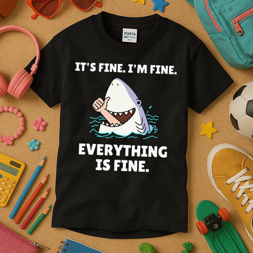 Funny Shark Attack It’s Fine I’m Fine Everything Is Fine Kids T-Shirt