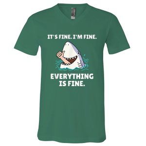 Funny Shark Attack It’s Fine I’m Fine Everything Is Fine V-Neck T-Shirt