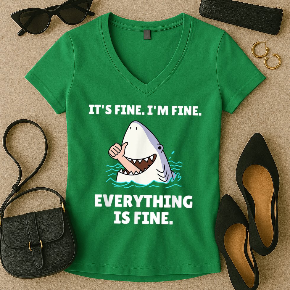 Funny Shark Attack It’s Fine I’m Fine Everything Is Fine Women's V-Neck T-Shirt