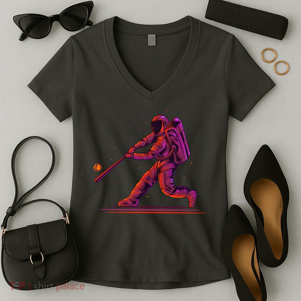 Funny Space Astronaut Baseball Women's V-Neck T-Shirt