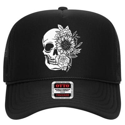 Floral Skull And Rose Magic Skull High Crown Mesh Back Trucker Hat