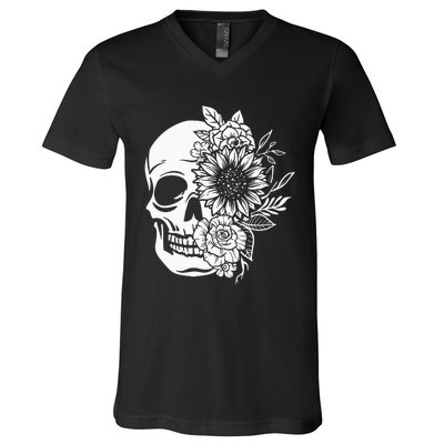 Floral Skull And Rose Magic Skull V-Neck T-Shirt