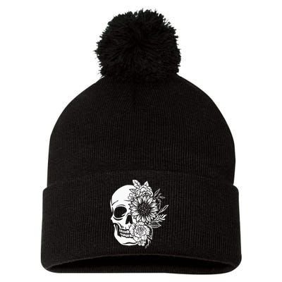 Floral Skull And Rose Magic Skull Pom Pom 12in Knit Beanie