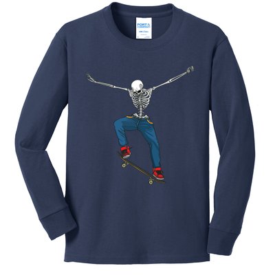 Funny Skateboard Art For Women Skateboarder Skeleton Kids Long Sleeve Shirt