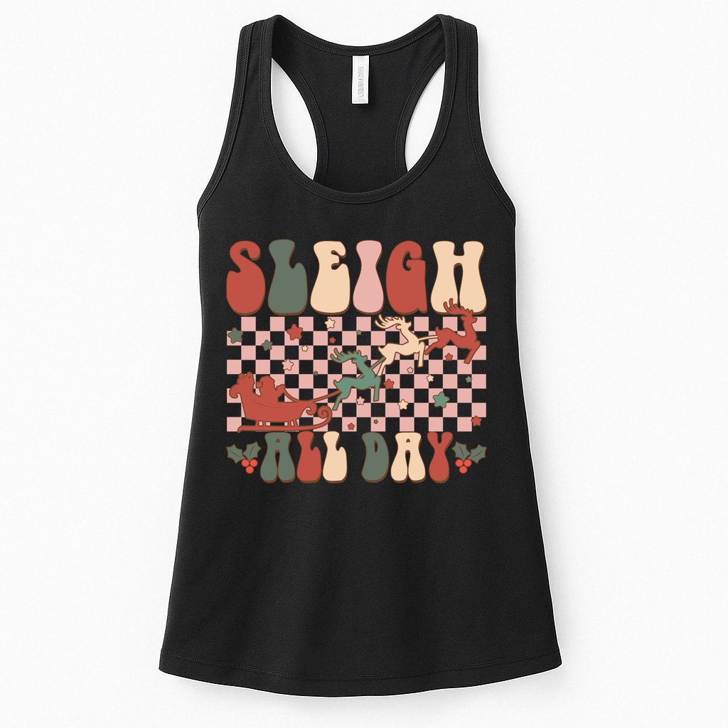 Funny Sleigh All Day Christmas In July Retro Vintage Ugly Womens Tank Top