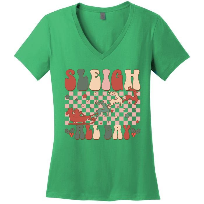 Funny Sleigh All Day Christmas In July Retro Vintage Ugly Women's V-Neck T-Shirt