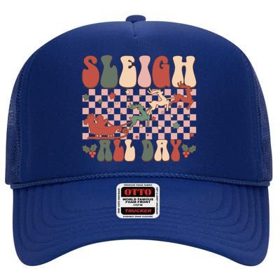 Funny Sleigh All Day Christmas In July Retro Vintage Ugly High Crown Mesh Back Trucker Hat