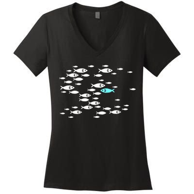 Fish Swim Against The Current In The Sea Women's V-Neck T-Shirt
