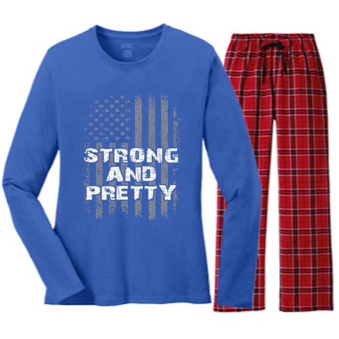 Funny Strong And Pretty Vintage Us Flag Pathetic Gym Workout Gift Women's Long Sleeve Flannel Pajama Set 