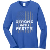 Funny Strong And Pretty Vintage Us Flag Pathetic Gym Workout Gift Ladies Long Sleeve Shirt