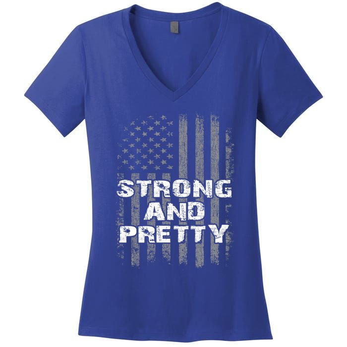 Funny Strong And Pretty Vintage Us Flag Pathetic Gym Workout Gift Women's V-Neck T-Shirt