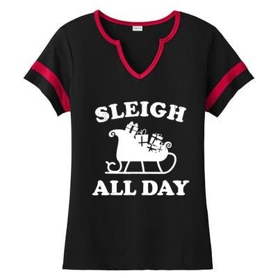 Funny Sleigh All Day Christmas In July Retro Vintage Ugly Ladies Halftime Notch Neck Tee