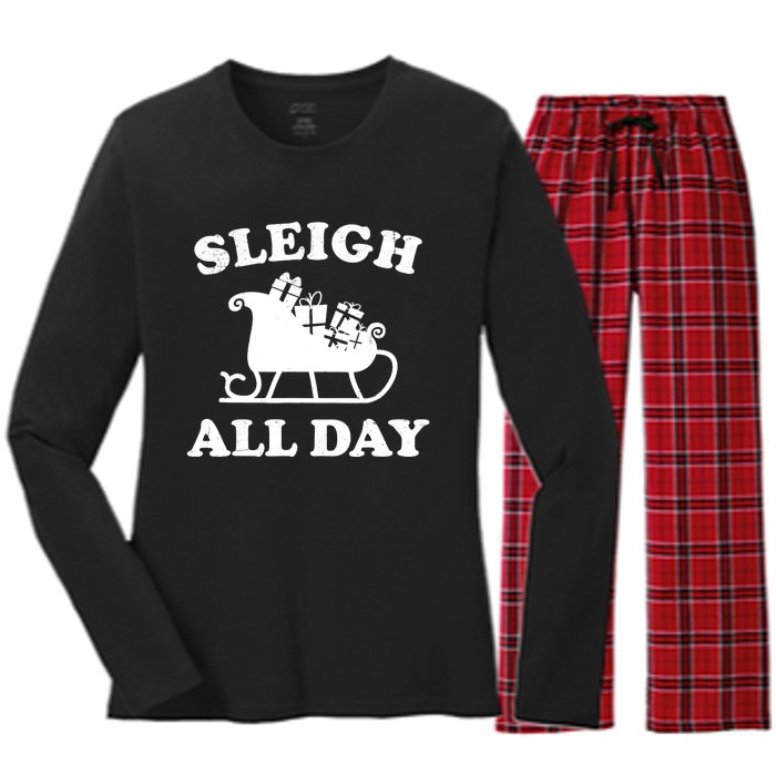 Funny Sleigh All Day Christmas In July Retro Vintage Ugly Women's Long Sleeve Flannel Pajama Set 